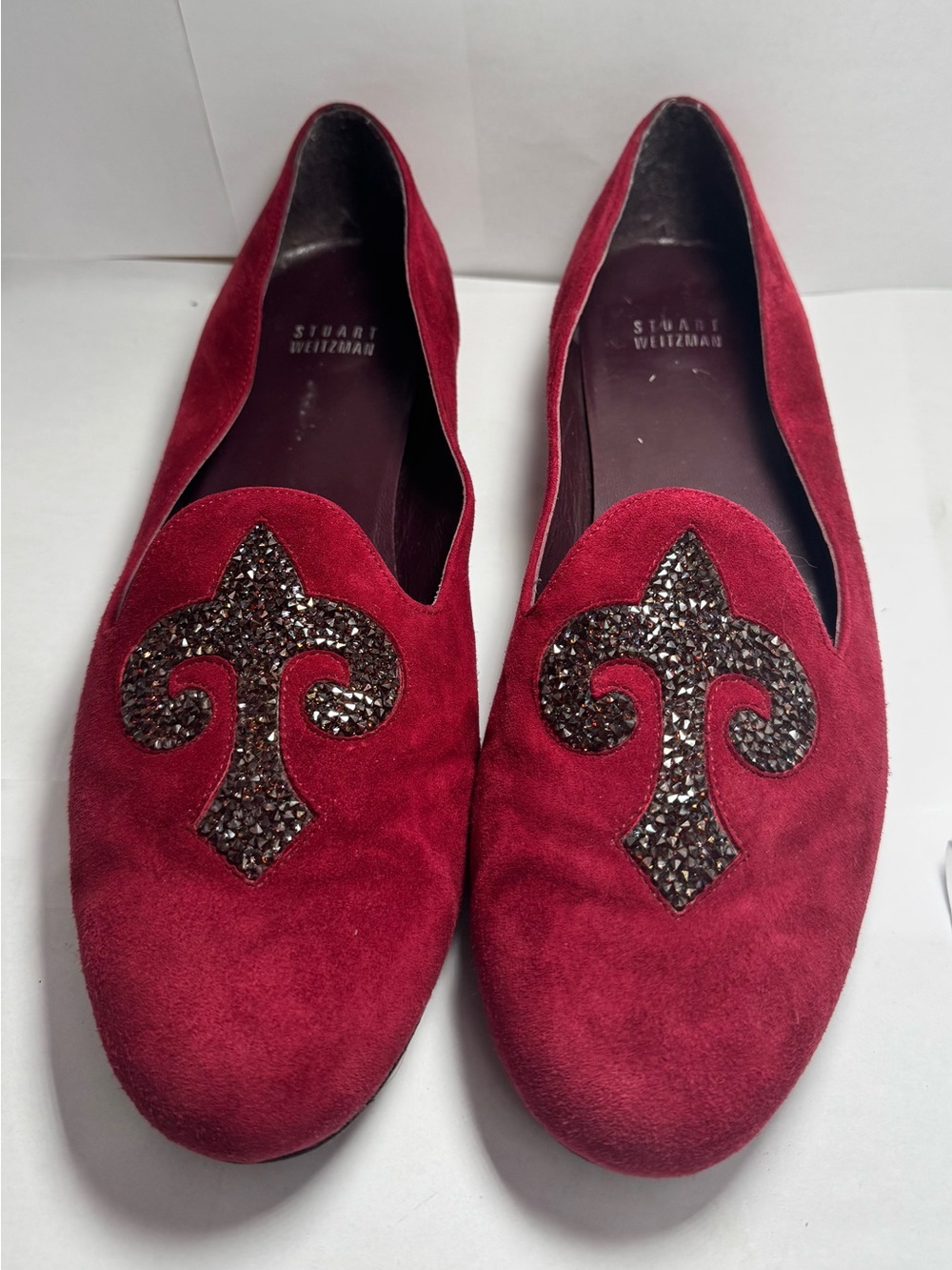 Sz 9 STUART WEITZMAN WOMENS RUBY RED BURGUNDY SUEDE FLATS SLIPS ON JEWELRY